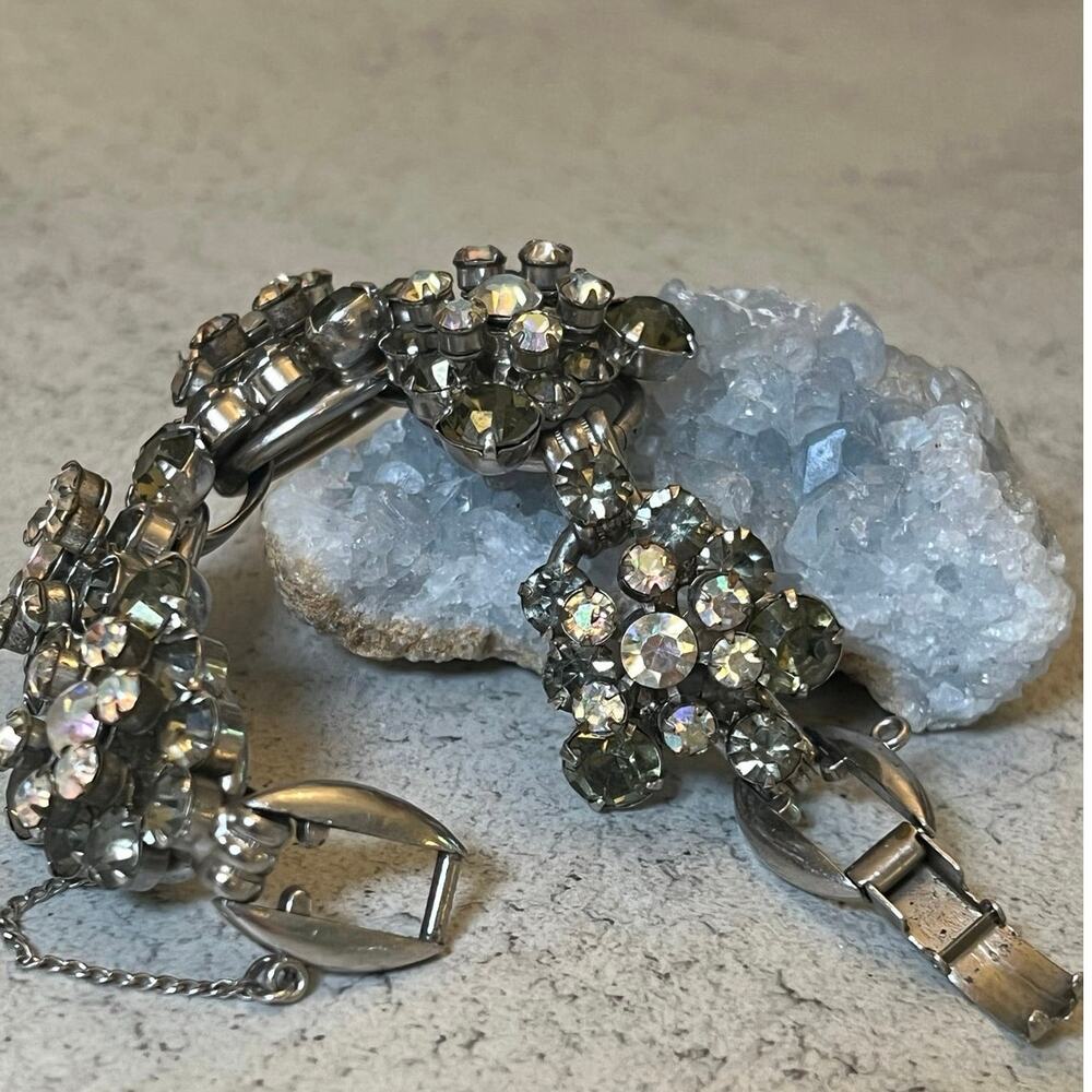 Vintage D&E Juliana Chunky Rhinestone 5 link Bracelet Smokey silver tone floral